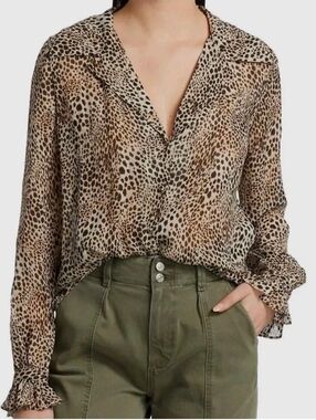 Paige Women's Ellyn Silk Blouse Taupe Multi Animal Printed Button Up Shirt Sz S?